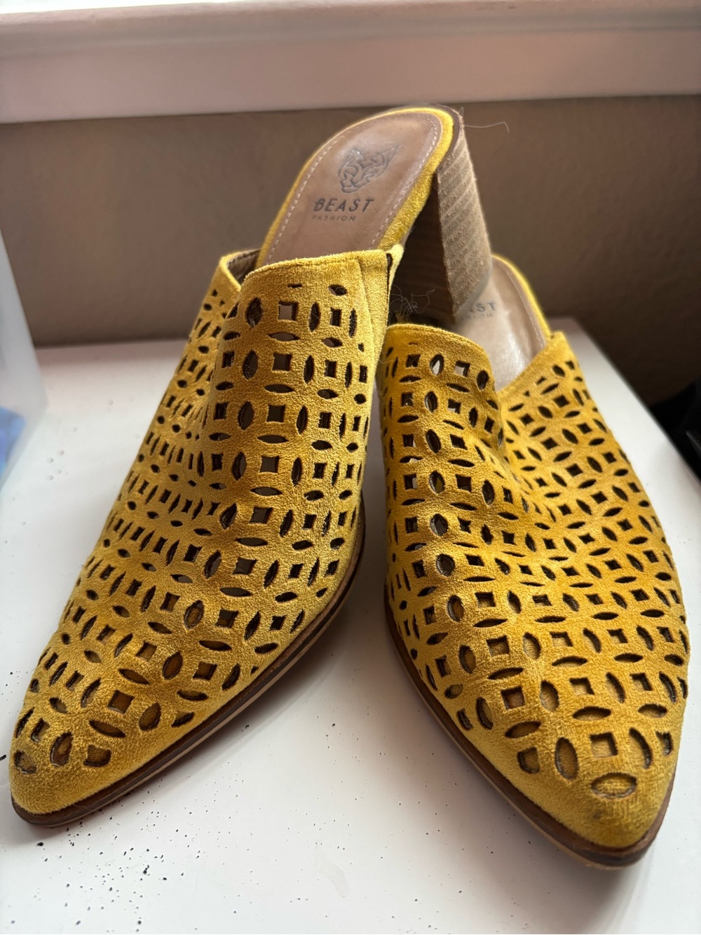 BEAST FASHION Mustard Yellow Laser-Cut Suede Mules